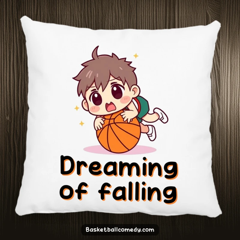 Funny character tripping over a basketball with a surprised face, featured on a soft and decorative pillow. Adds comfort and humor to spaces.