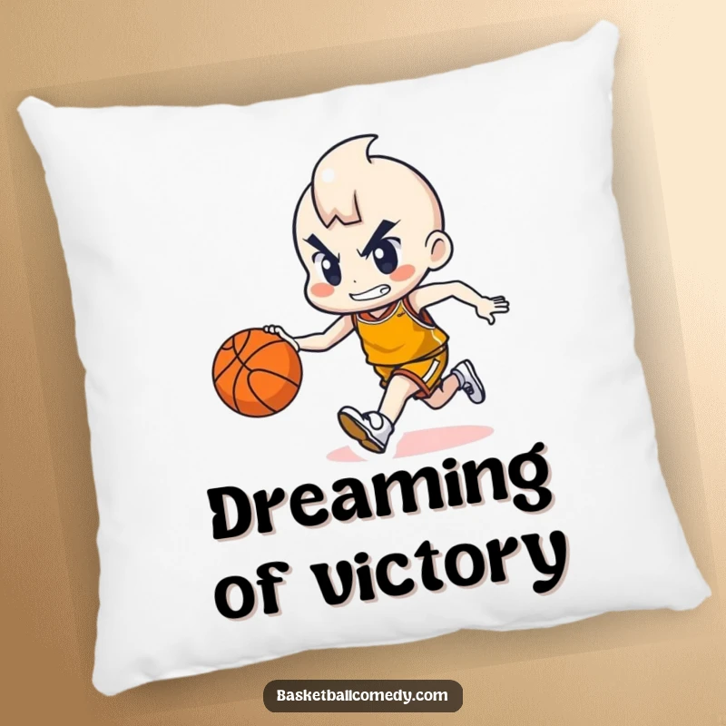 Soft funny pillow featuring a cute character determinedly dribbling a basketball, perfect for adding comfort and sports-themed humor.