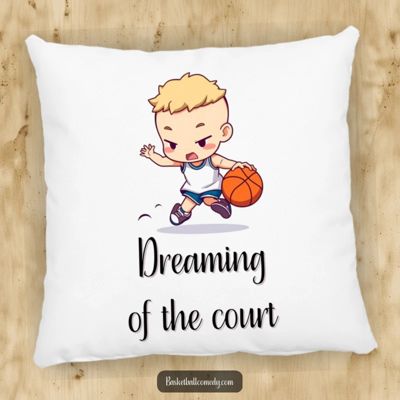 Funny pillow featuring a character intensely dribbling a basketball, providing comfort and a humorous decorative accent for sports fans.