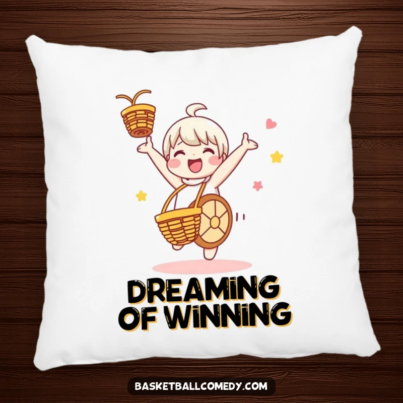 Funny pillow with a cute character doing a celebratory cartwheel after scoring a basketball, bringing comfort and playful cheer to any room.