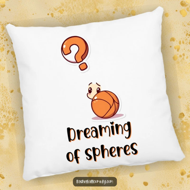 Funny pillow featuring a confused character staring at a basketball with a giant question mark hovering above.