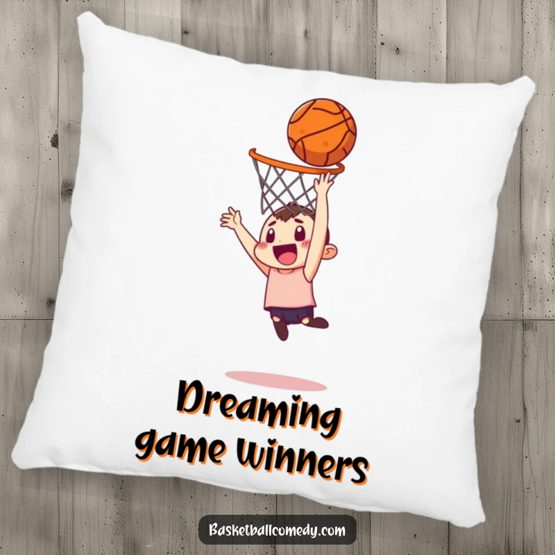 Funny pillow with a mischievous character attempting an unlikely basketball dunk from across the court, a humorous home accent.