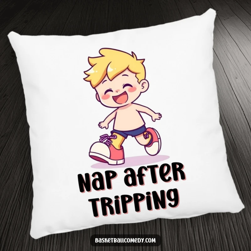 Funny pillow with a cute character playfully stumbling with oversized shoes, wearing a happy grin, offering soft comfort.