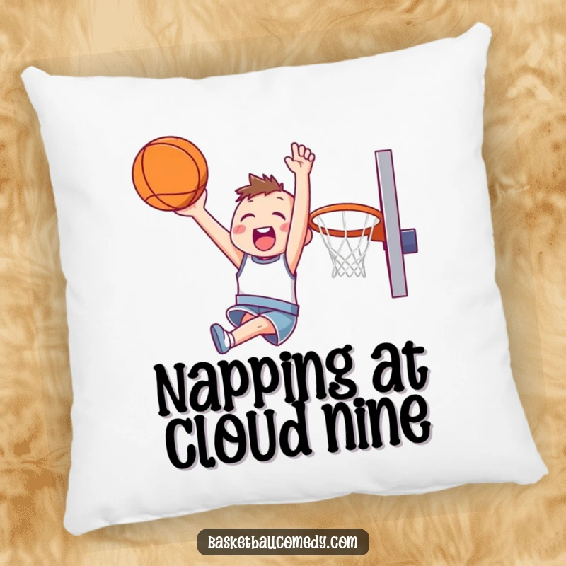 Funny pillow featuring a cute character joyfully soaring through the air for a slam dunk, offering comfort and playful energy.