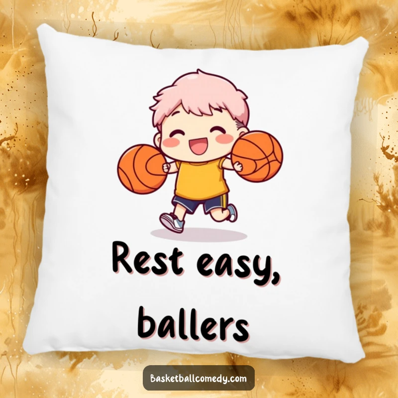 Funny pillow depicting a character happily dribbling two basketballs at once, offering comfort and skill display.