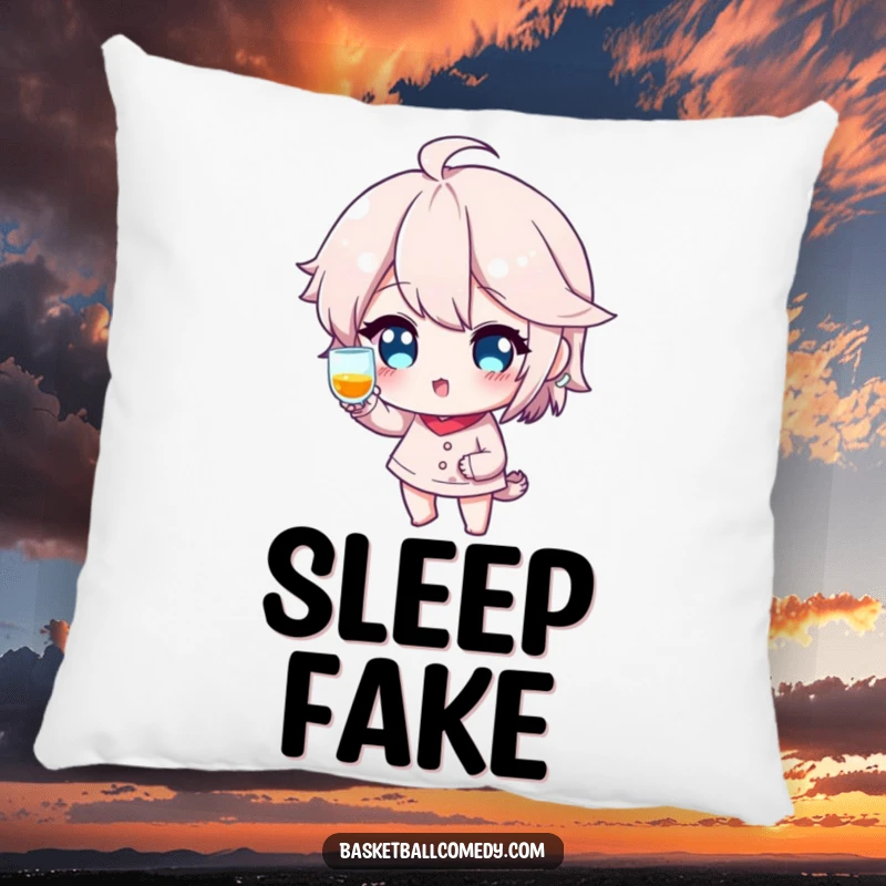 Funny pillow featuring a basketball player faking a shot with a sly smirk and a playful wink, perfect for a cozy touch.