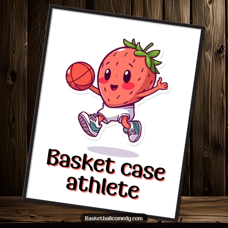 Funny cartoon strawberry wearing sneakers, performing a slam dunk, perfect for a humorous digital art gift.