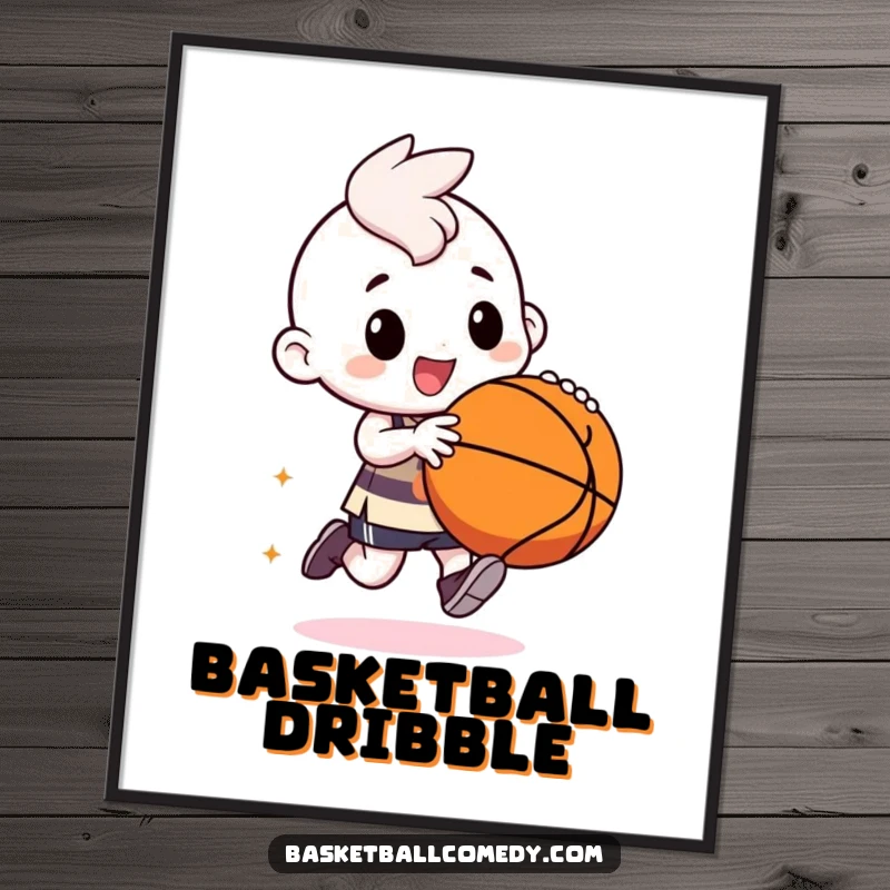 Funny kawaii character digital art print, vividly dribbling a basketball with exaggerated, bouncy movements and a joyful expression.