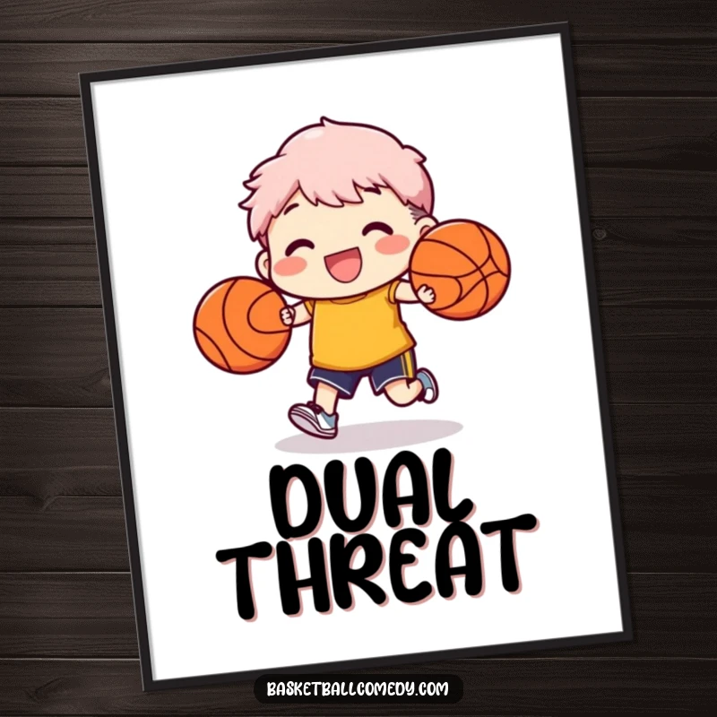 Funny digital art print of a character joyfully dribbling two basketballs at once, showcasing impressive skill and fun.