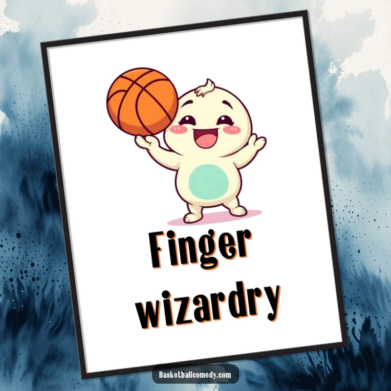 Funny digital art print of a character beaming while spinning a basketball on its finger, a dynamic and humorous illustration.