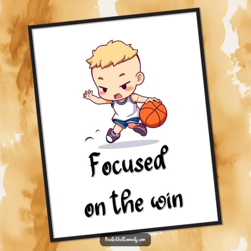 Funny digital art print of a character dribbling a basketball with extreme concentration, offering a humorous and dynamic visual for art lovers.