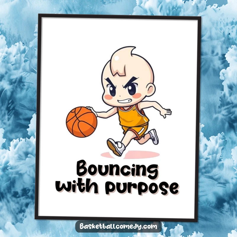 Funny digital art print of a cute character focused on dribbling a basketball with a determined expression, perfect for instant art.