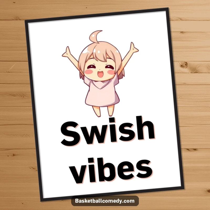 Funny digital art print of a character celebrating a basketball swish, capturing the ultimate moment of victory.