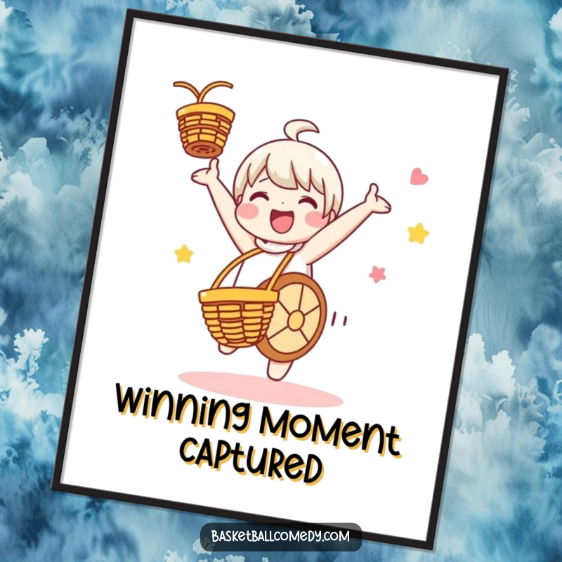 Funny digital art print of a cute character performing a cartwheel in celebration of a basketball basket, capturing dynamic energy and playful triumph.