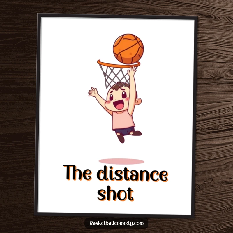 Funny digital art print of a character's comical and improbable basketball dunk attempt, perfect for instant humorous wall decor.