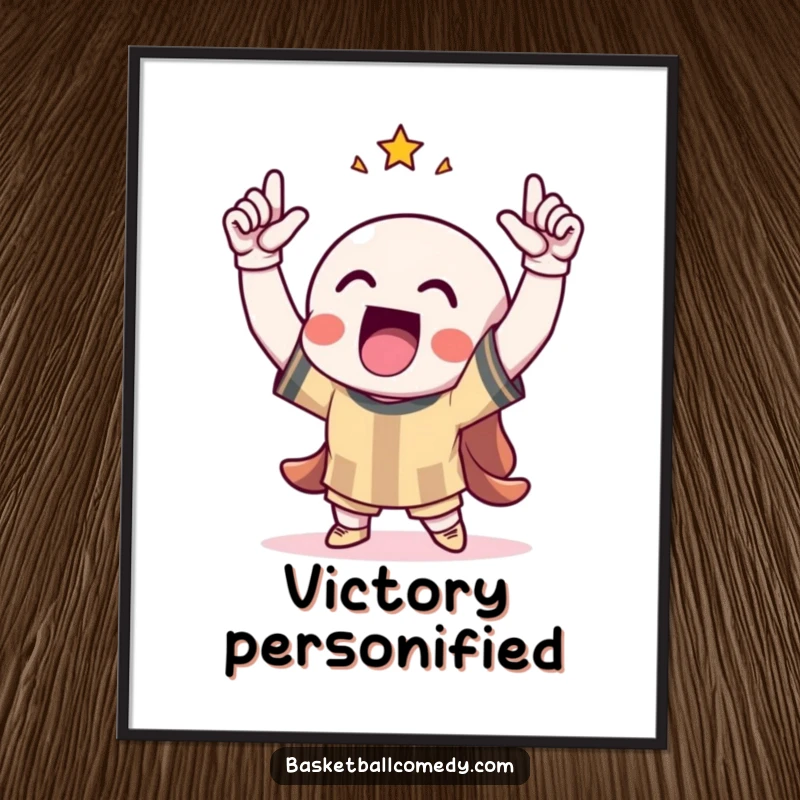 Funny digital art print of a character triumphantly celebrating a score with arms raised, embodying success and fun.