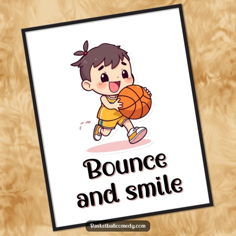 Funny digital art print of a cute character dribbling a basketball with exaggerated bounce and joyful energy, ideal for vibrant decor.