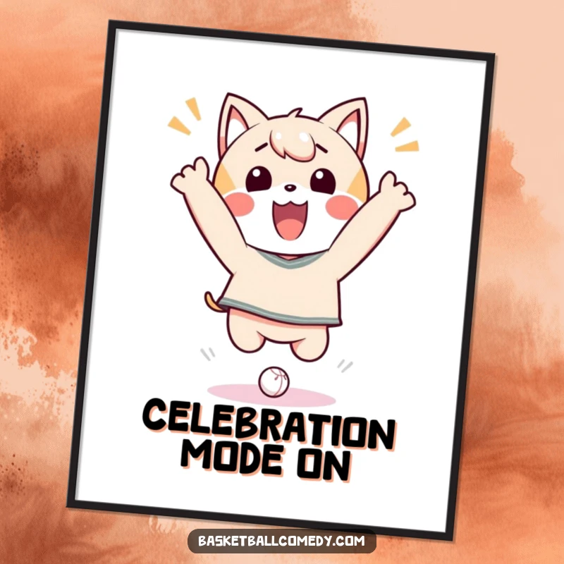 Funny Digital Art featuring an ecstatic Kawaii character performing an epic celebratory jump after dunking a tiny ball.
