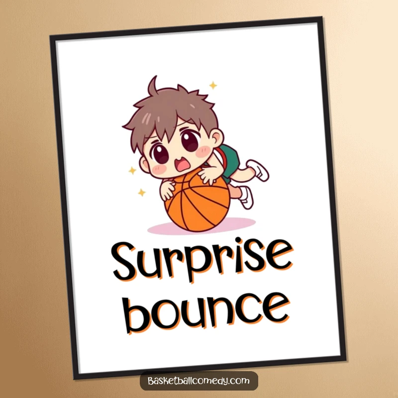 Funny character tripping over a basketball with a surprised face, as a high-quality digital art print. Ideal for instant wall decor.