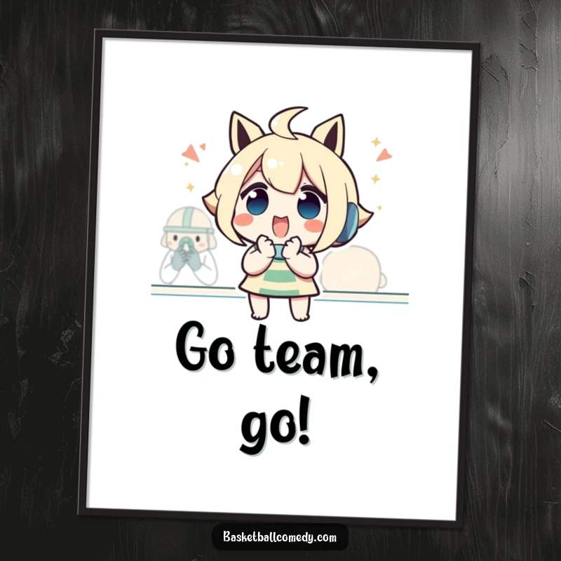 Funny digital art print of an excited character with hands clasped, cheering passionately during a game, capturing energetic fan spirit.