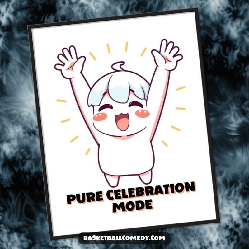 Funny digital art print of a cute character excitedly cheering with both arms raised high, radiating pure joy and celebration.
