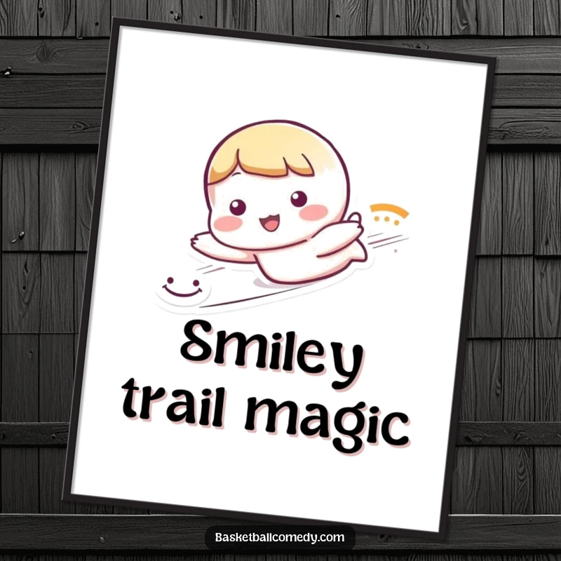 Funny digital art print of a cute character sliding dramatically, leaving a trail of smiley faces, radiating pure joy.