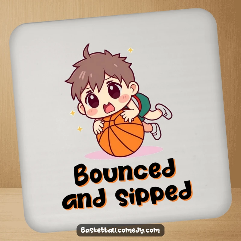 Funny character tripping over a basketball with a surprised face on a protective drink coaster. Adds humorous flair to coffee tables and bars.