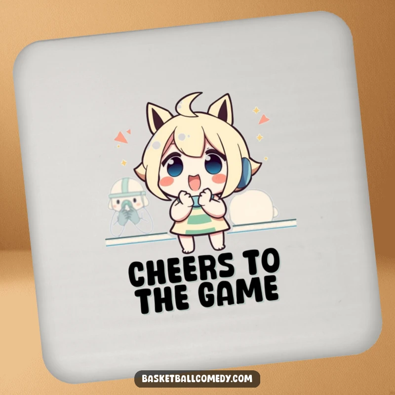 Funny drink coaster featuring an excited character with clasped hands, cheering at a game, adding fan-themed humor to drink settings.