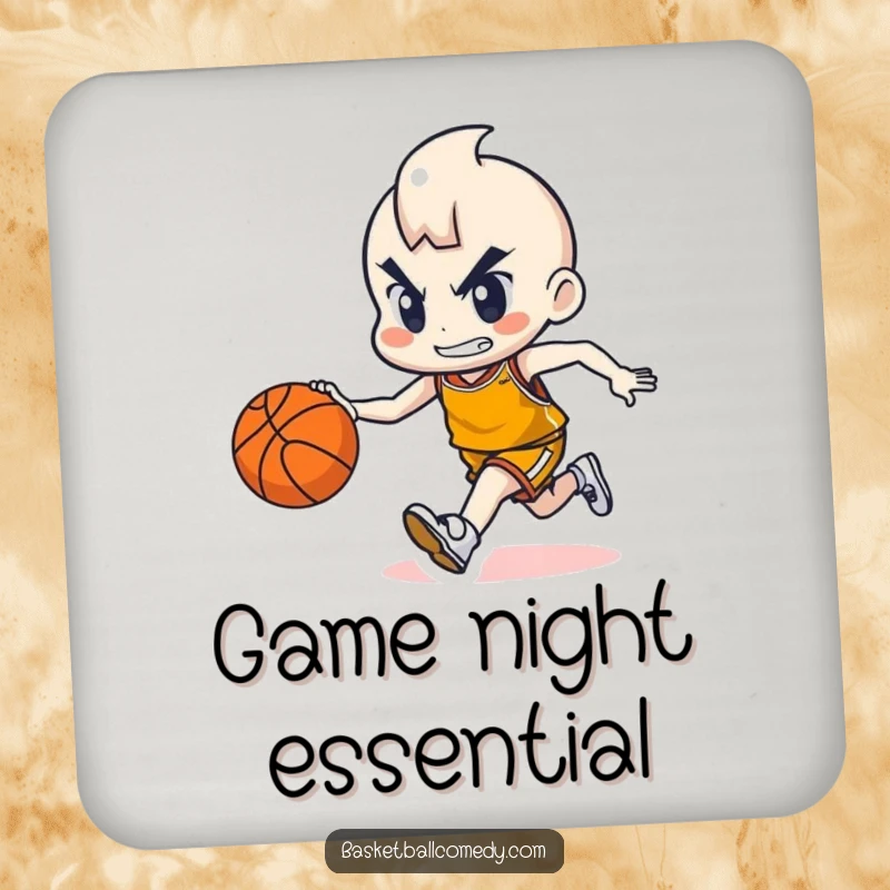 Funny drink coaster featuring a cute character determinedly dribbling a basketball, adding sporty humor and table protection.