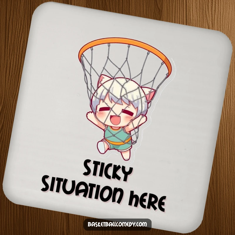Funny drink coaster featuring a cute character comically tangled in a basketball net, adding a humorous touch to any drink setup.