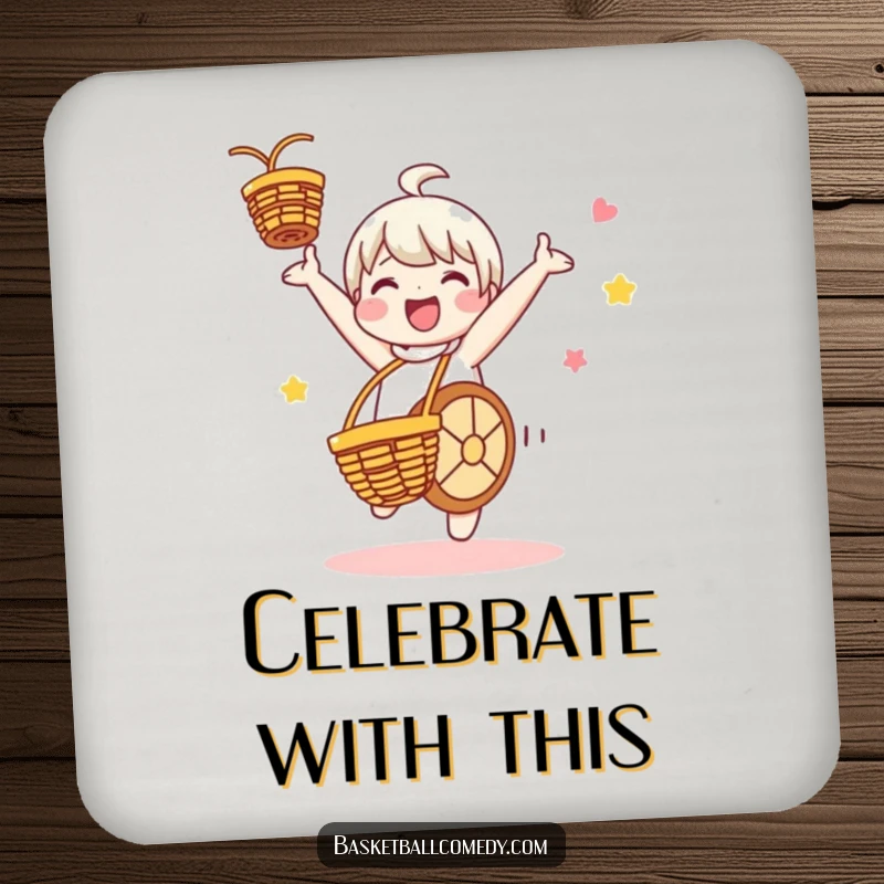 Funny drink coaster featuring a cute character celebrating a basketball score with a cartwheel, adding a humorous touch to any beverage setting.
