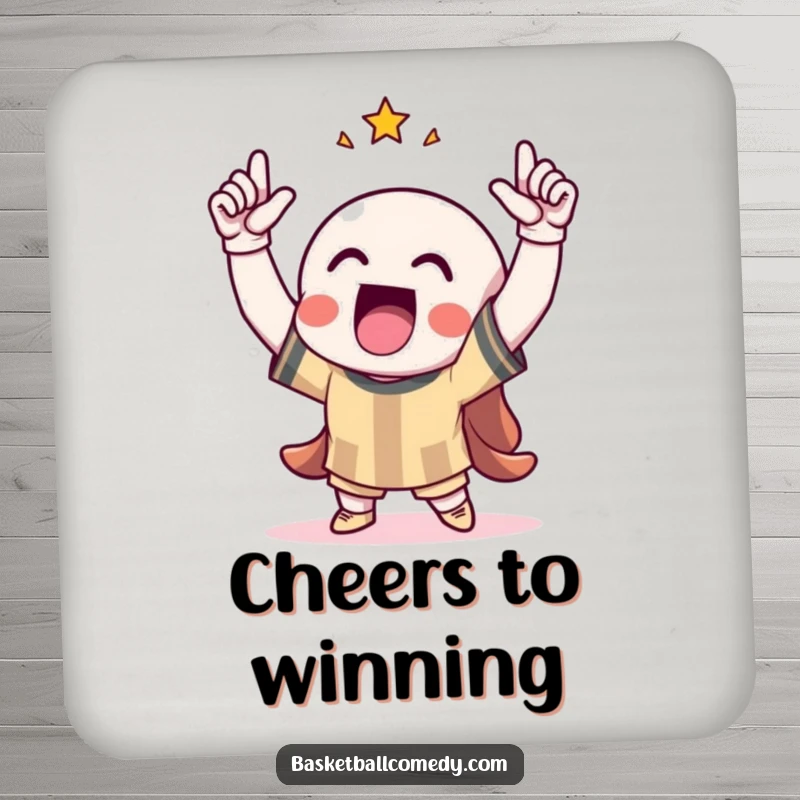 Funny drink coaster featuring a character celebrating a score with arms raised, adding a humorous touch to tabletops.