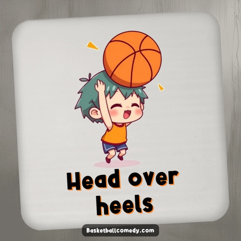 Funny coaster showing a character stunned by a basketball hitting their head, adding humor to surfaces.