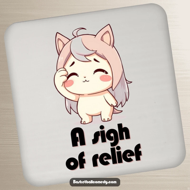 Funny drink coaster featuring a cute character wiping sweat from its brow with extreme relief, adding a humorous touch to beverage settings.