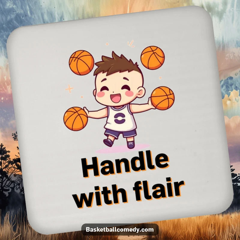 Funny drink coaster featuring a cute character juggling three miniature basketballs with impressive flair, adding a humorous touch to beverage settings.
