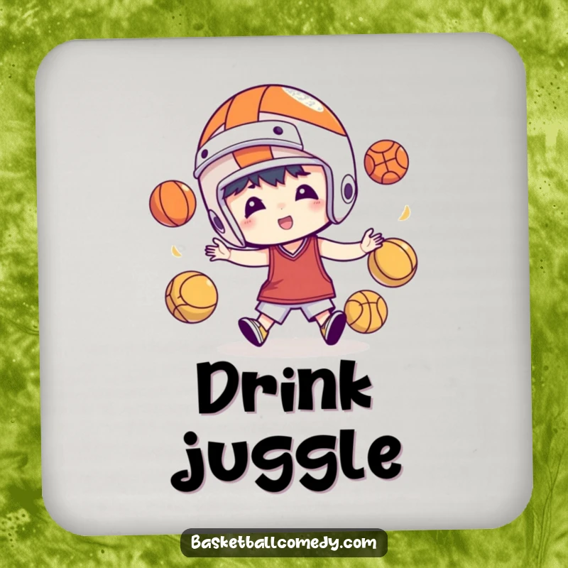 Funny drink coasters featuring a character in a basketball helmet juggling basketballs, adding a sporty and humorous touch to tables.