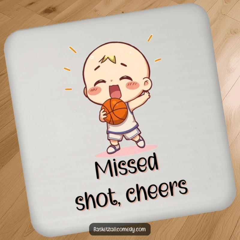 Funny character comically missing a basketball shot on a protective drink coaster. Adds humorous flair to coffee tables and bars.
