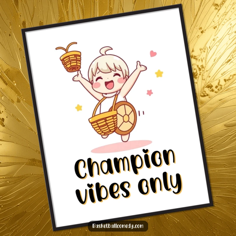 Funny poster featuring a cute character doing a triumphant cartwheel after a basketball score, full of energy and playful celebration.