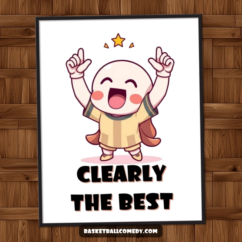 Funny poster print of a character in mid-celebration, arms raised high in a moment of pure, triumphant joy and excitement.