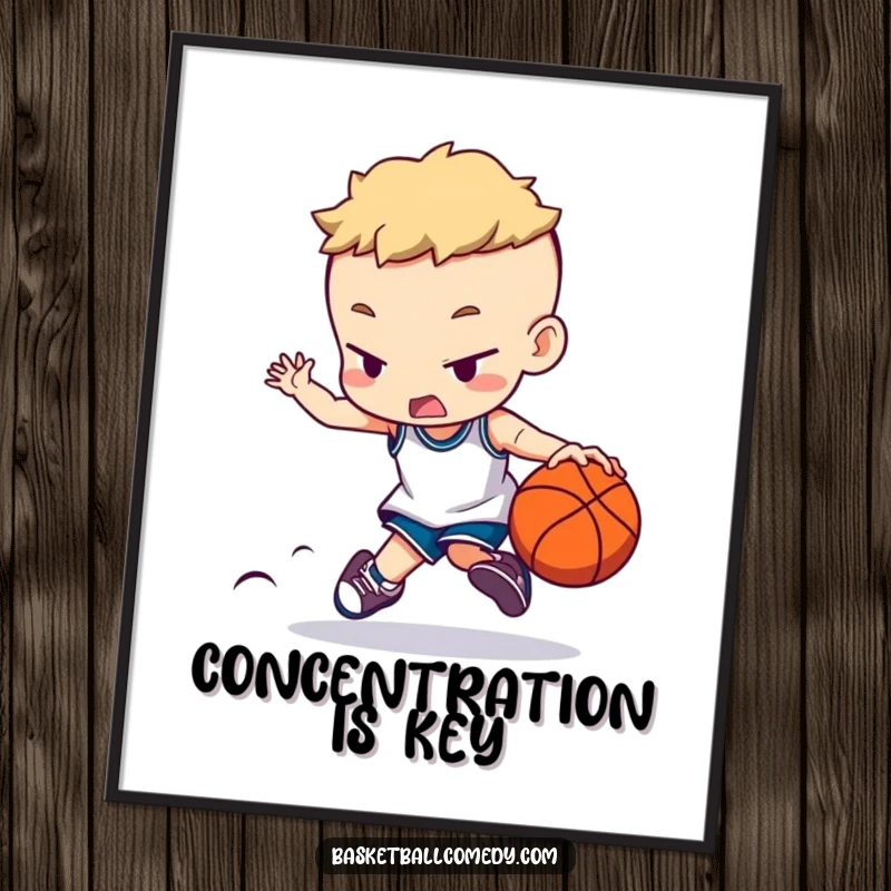 Funny poster illustrating a character dribbling a basketball with extreme concentration, adding a humorous and dynamic touch to decor.