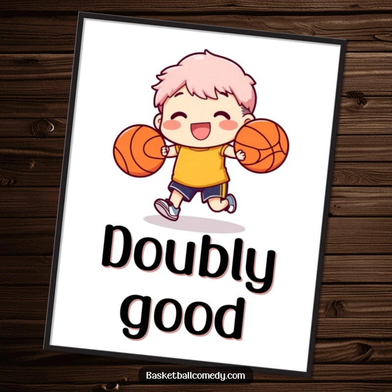 Funny poster showcasing a character joyfully dribbling two basketballs simultaneously, depicting mastery and fun.
