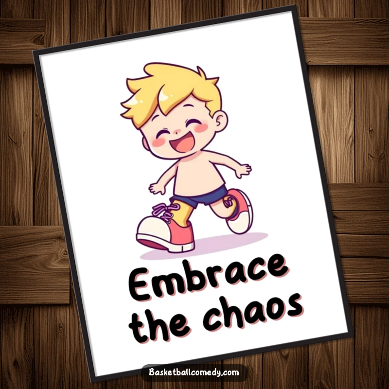 Funny poster of a cute character playfully stumbling with oversized shoes, wearing a wide, happy grin, radiating charm.