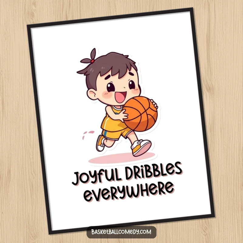 Funny poster of a cute character dribbling a basketball with exaggerated, joyful bounce, radiating happiness and playful energy on your wall.