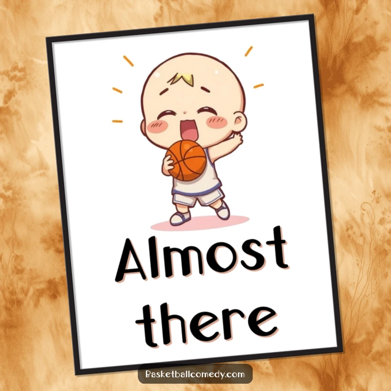 Funny character comically missing a basketball shot, presented as a humorous poster. Ideal wall art for game rooms and sports fans.