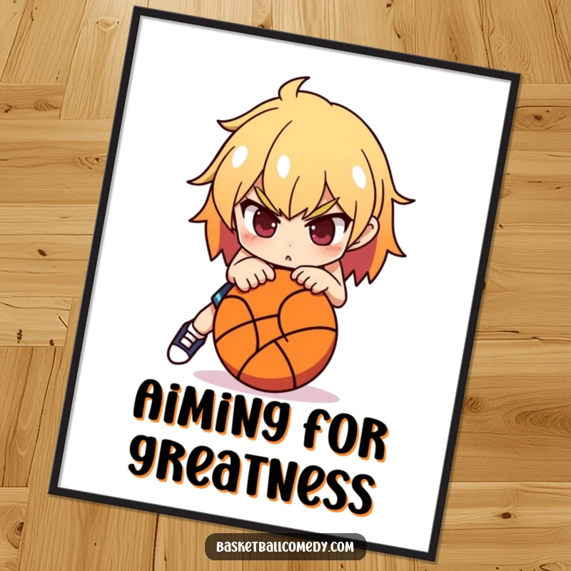 Funny Basketball Poster: A determined character leans over a basketball, poised to shoot, creating action-packed and humorous wall decor.