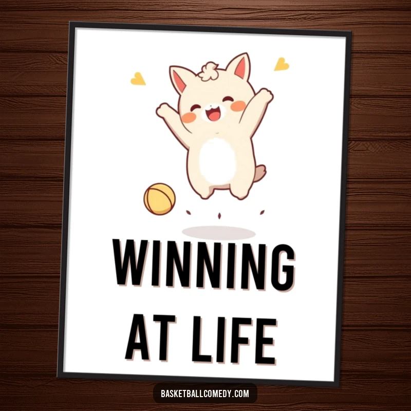 Funny Kawaii character poster, in a joyful celebratory jump after dunking a tiny ball, capturing the thrill of victory and energetic play.
