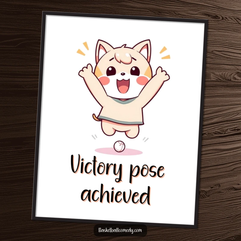 Funny Poster print of an ecstatic Kawaii character performing a celebratory jump after scoring a mini basketball hoop.
