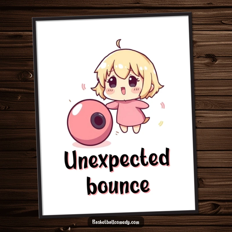 Funny poster of a cute character comically surprised by a runaway, bouncing basketball, conveying playful shock and amusement.
