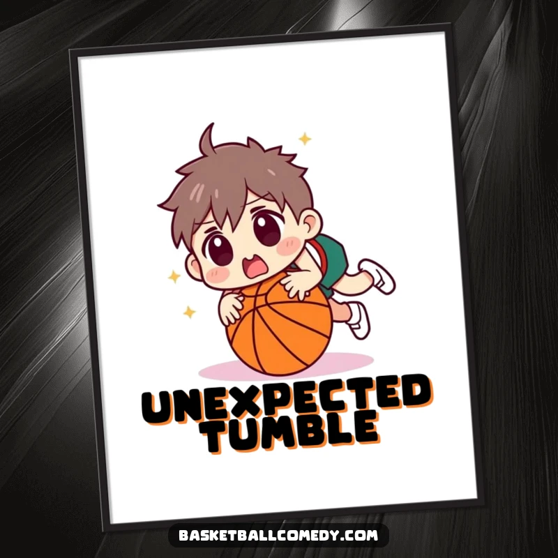 Funny character tripping over a basketball with a surprised face, presented as a humorous poster. Ideal wall art for game rooms and offices.