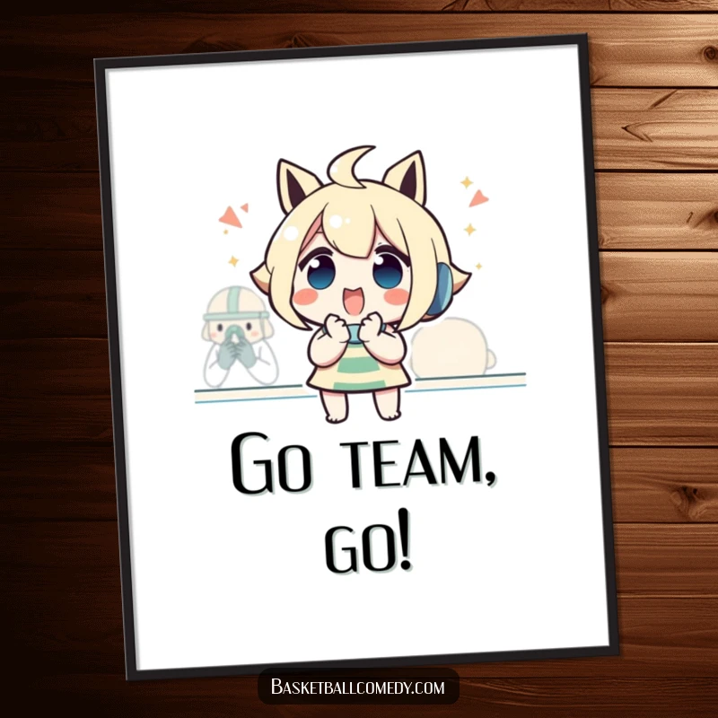 Funny poster of an excited character with hands clasped together, passionately cheering during a game, capturing the essence of fan devotion.